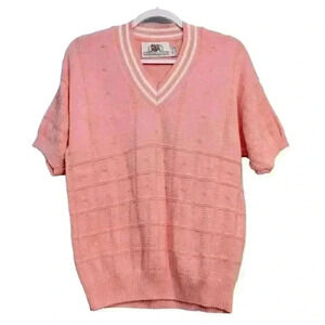 Vintage Sweater Size Medium 100% Cotton Pink Varsity Knit Preppy 80s 90s